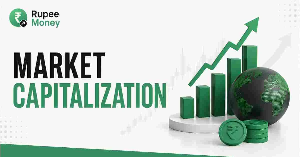 Professional infographic explaining market capitalization with stock market charts, business growth bars, rupee coins, and corporate finance visuals representing a company's total market value in the Indian stock market.