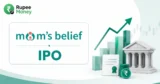 Rays of Belief IPO banner featuring the Mom's Belief logo, IPO text, financial growth chart, rising bars, rupee symbol, investment certificate, and Rupee Money branding.
