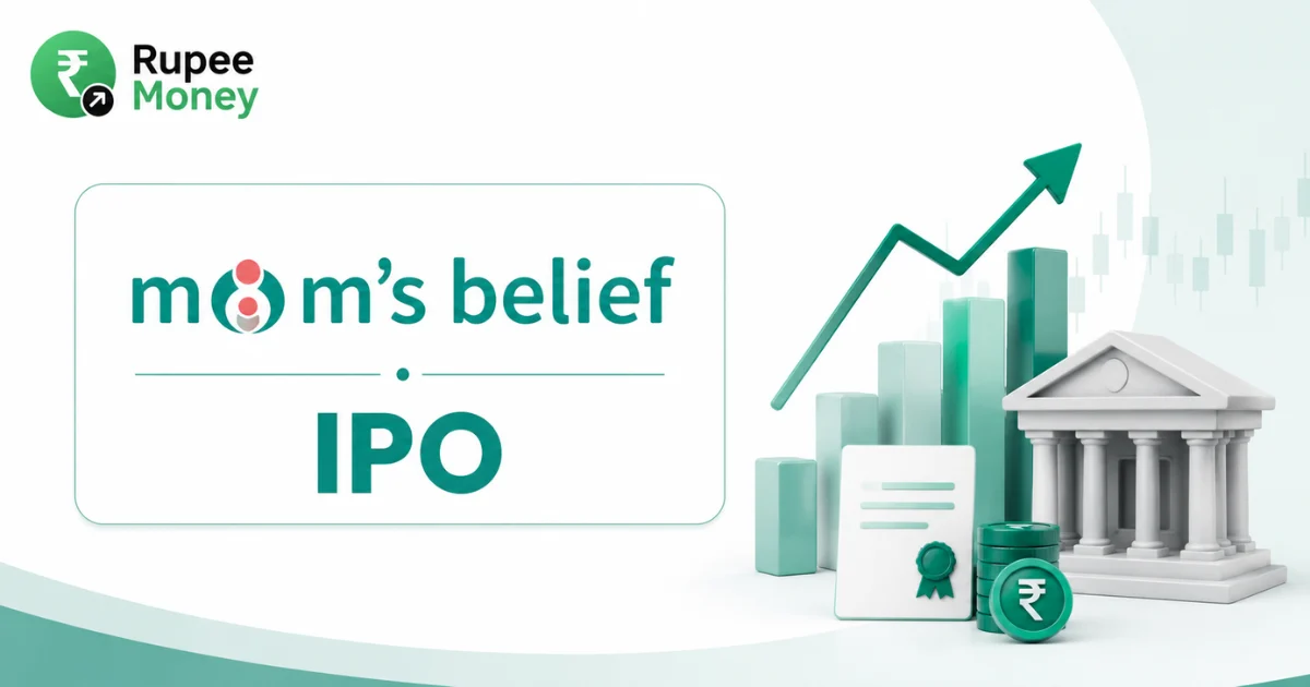 Rays of Belief IPO banner featuring the Mom's Belief logo, IPO text, financial growth chart, rising bars, rupee symbol, investment certificate, and Rupee Money branding.