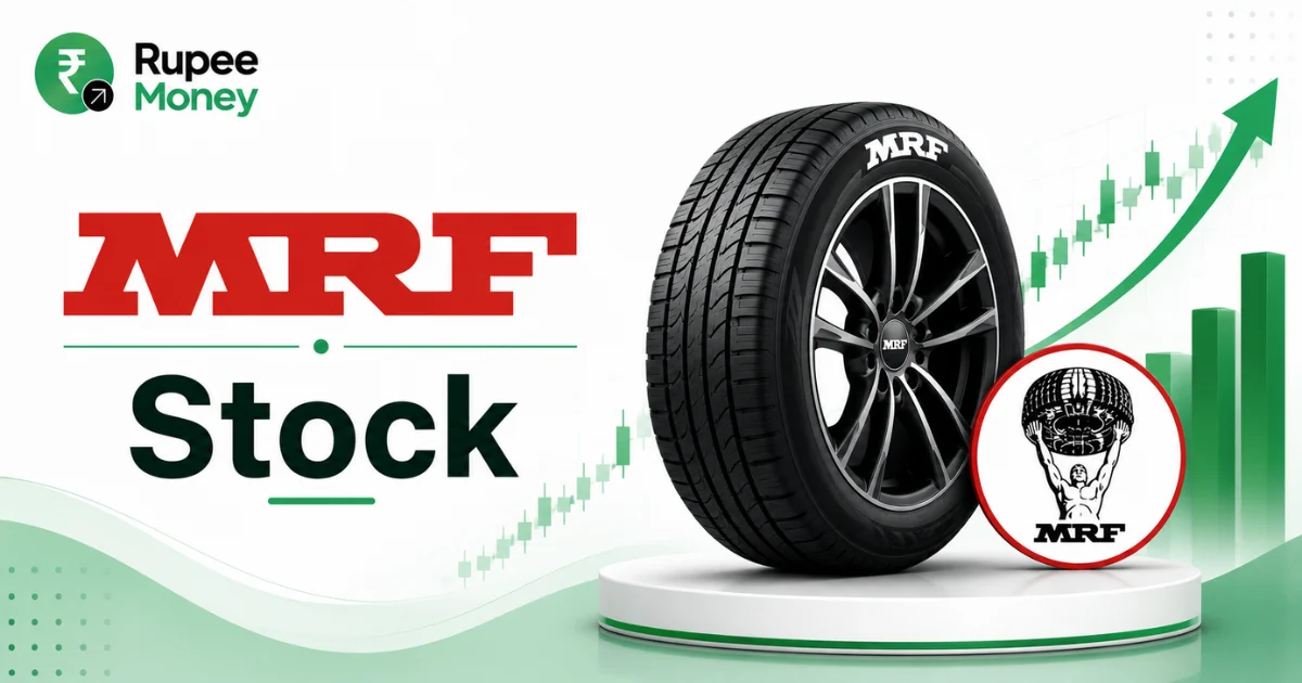 MRF Stock banner featuring an MRF tyre, rising stock market chart, MRF branding, and financial growth elements.