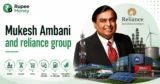 Mukesh Ambani and Reliance Group infographic featuring Mukesh Ambani, Reliance Industries, telecom, energy, retail, digital services, fuel and oil, and new energy businesses.