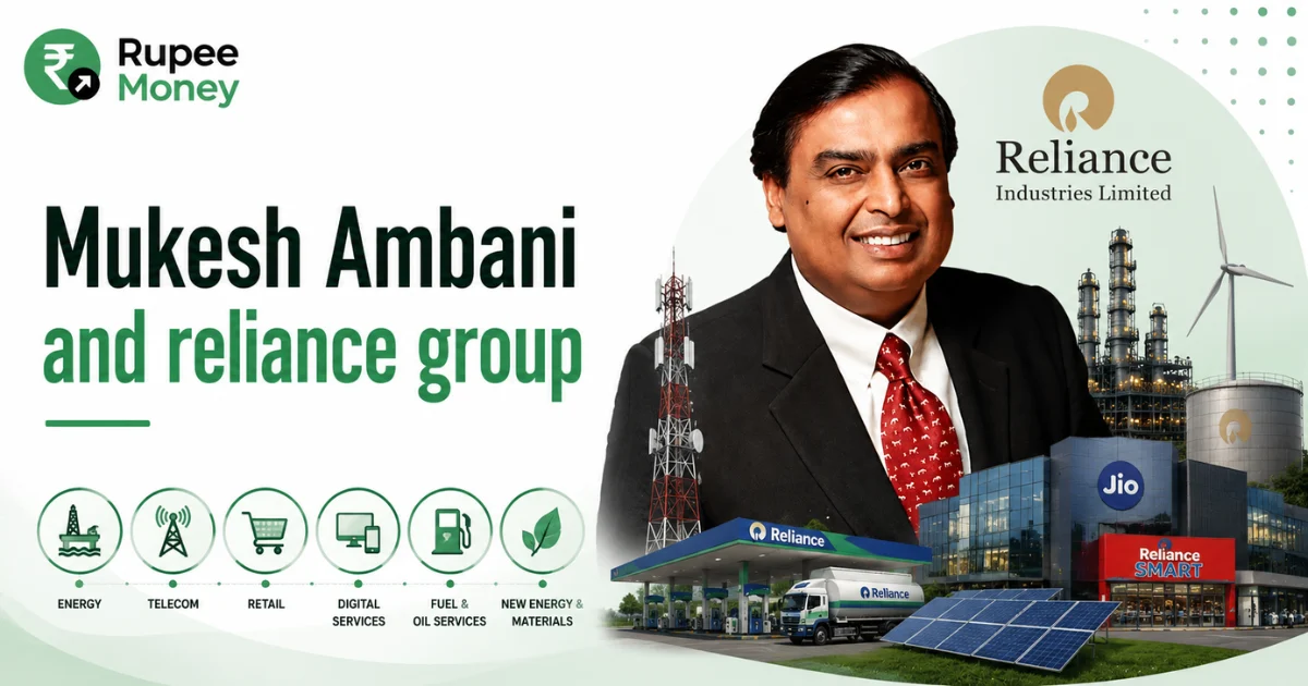 Mukesh Ambani and Reliance Group infographic featuring Mukesh Ambani, Reliance Industries, telecom, energy, retail, digital services, fuel and oil, and new energy businesses.