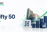 Professional illustration representing the Nifty 50 index with stock market growth charts, financial analytics, investment indicators, and benchmark index graphics symbolizing India's leading listed companies.