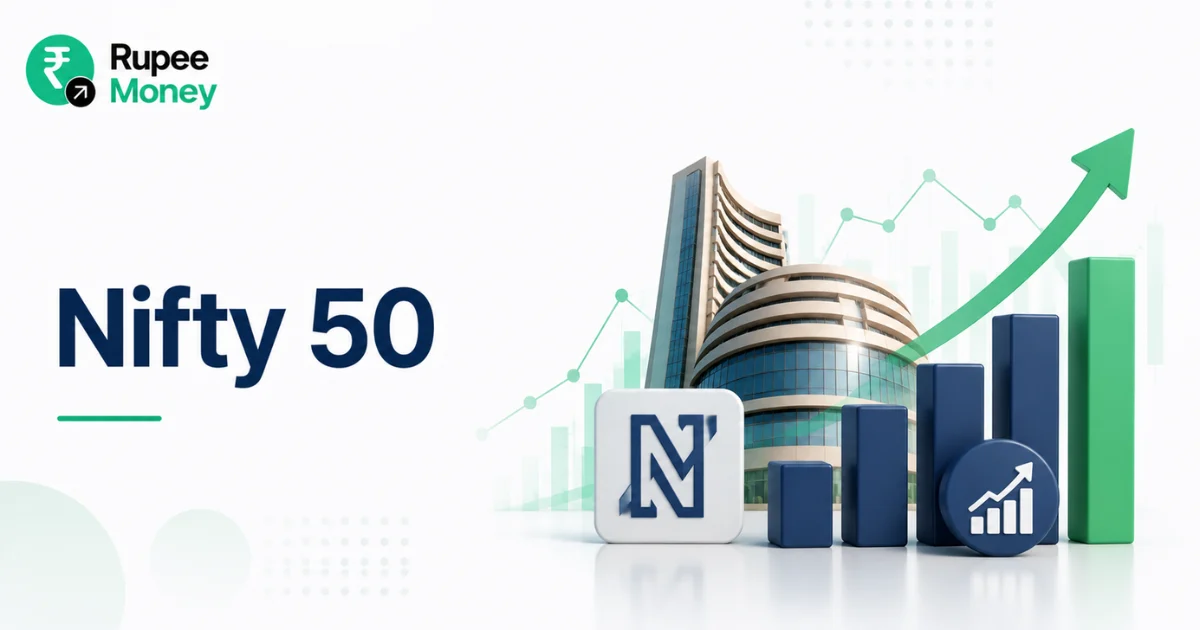 Professional illustration representing the Nifty 50 index with stock market growth charts, financial analytics, investment indicators, and benchmark index graphics symbolizing India's leading listed companies.