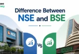 Illustration comparing the National Stock Exchange (NSE) and Bombay Stock Exchange (BSE) with stock exchange buildings, market charts, trading indicators, and financial graphics representing India's two major stock exchanges.