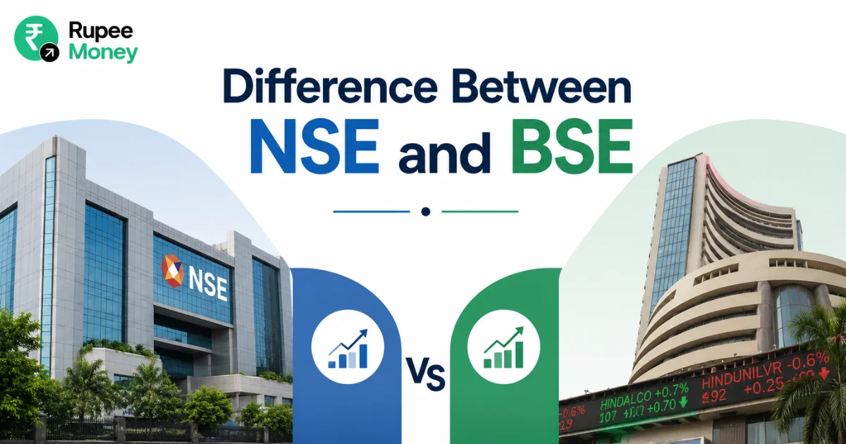 Illustration comparing the National Stock Exchange (NSE) and Bombay Stock Exchange (BSE) with stock exchange buildings, market charts, trading indicators, and financial graphics representing India's two major stock exchanges.