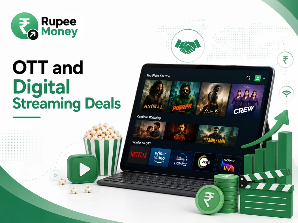 OTT and Digital Streaming Deals banner featuring a streaming tablet, popular OTT platforms, popcorn, play button, film clapperboard, rupee coins, and rising growth chart in Rupee Money branding.