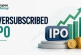 Professional infographic explaining an oversubscribed IPO with IPO application graphics, rising demand indicators, rupee coins, and stock market charts representing high investor interest in an initial public offering.