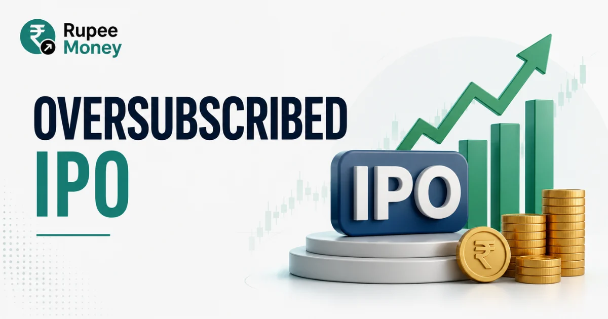 Professional infographic explaining an oversubscribed IPO with IPO application graphics, rising demand indicators, rupee coins, and stock market charts representing high investor interest in an initial public offering.