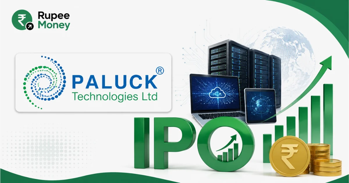 Paluck Technologies IPO banner featuring the Paluck Technologies Ltd. logo, servers, cloud computing devices, digital technology graphics, IPO symbol, rupee coins, and a rising financial chart.