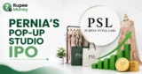Pernia's Pop-Up Studio IPO banner featuring the Purple Style Labs logo, premium fashion garments, designer clothing, shopping bags, rising financial chart, rupee coins, and Rupee Money branding.