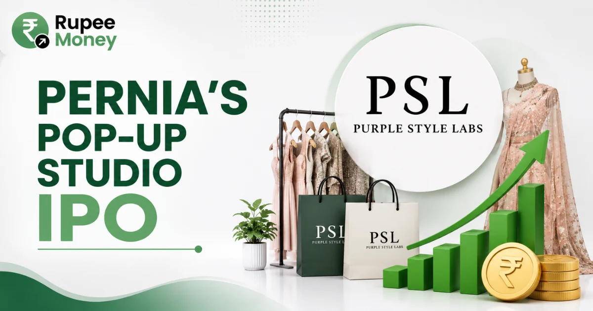 Pernia's Pop-Up Studio IPO banner featuring the Purple Style Labs logo, premium fashion garments, designer clothing, shopping bags, rising financial chart, rupee coins, and Rupee Money branding.