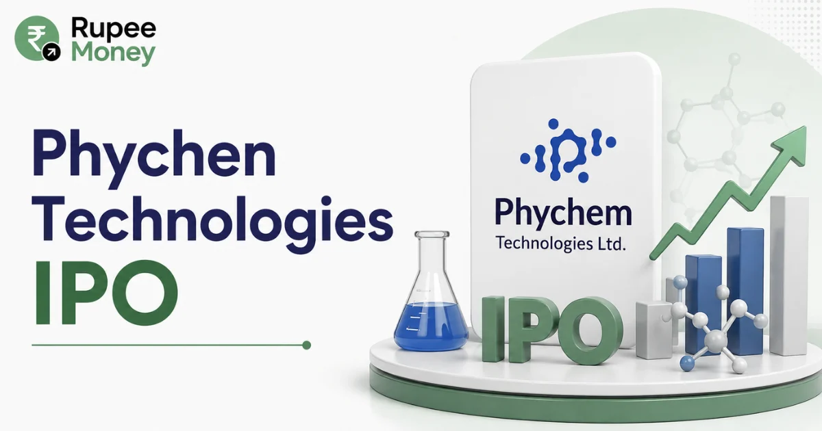 Phychem Technologies IPO banner featuring the Phychem Technologies Ltd. logo, laboratory equipment, molecular technology elements, IPO symbol, financial growth chart, and Rupee Money branding.