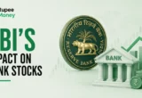Professional infographic illustrating the RBI's impact on bank stocks, featuring the Reserve Bank of India, banking symbols, rupee currency, financial charts, and stock market visuals representing monetary policy and banking sector performance.