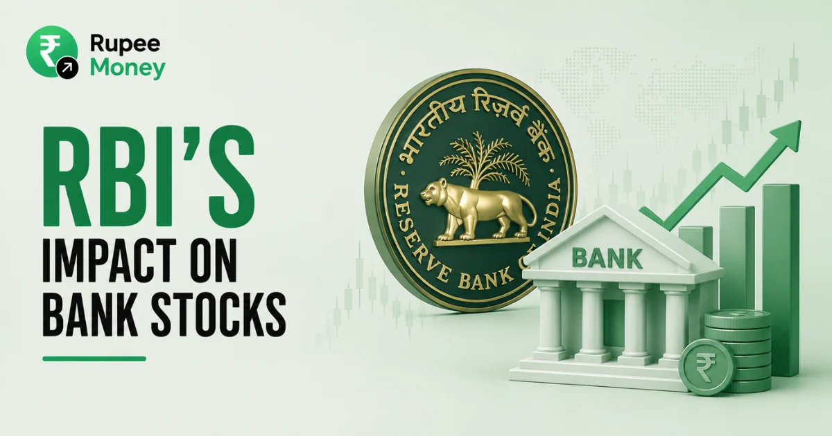 Professional infographic illustrating the RBI's impact on bank stocks, featuring the Reserve Bank of India, banking symbols, rupee currency, financial charts, and stock market visuals representing monetary policy and banking sector performance.