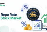 Illustration explaining the relationship between the RBI repo rate and the Indian stock market using repo rate symbols, financial charts, investment reports, rupee coins, and market performance graphics to show the impact of interest rate changes.