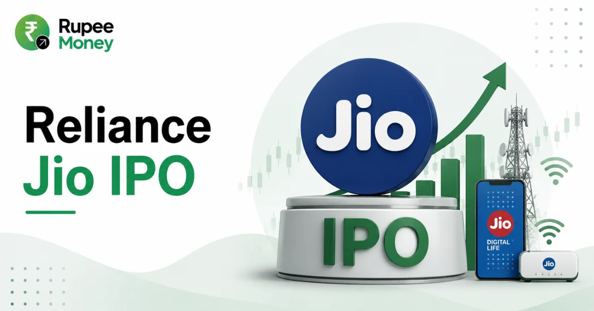 Reliance Jio IPO banner featuring the Jio logo, IPO platform, rising stock market chart, telecom tower, smartphone, Wi-Fi signals, and digital connectivity elements.