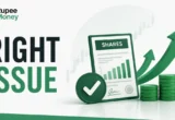 Professional infographic explaining a right issue in the stock market, featuring share certificates, investment documents, growth charts, and financial symbols representing existing shareholders' rights to buy additional shares.