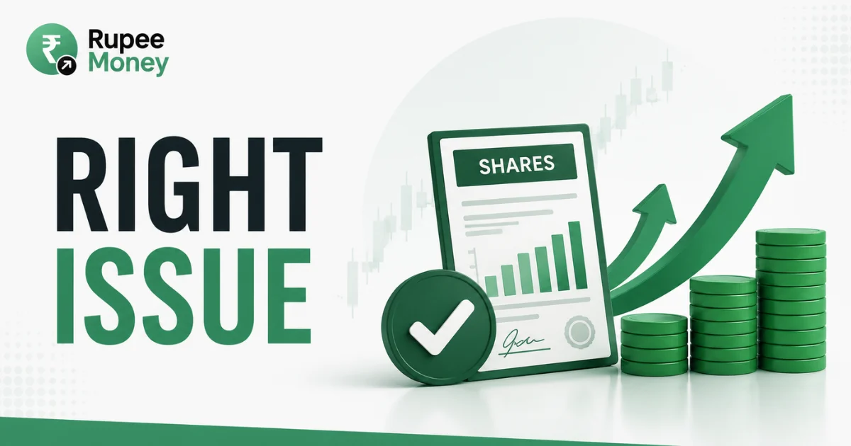 Professional infographic explaining a right issue in the stock market, featuring share certificates, investment documents, growth charts, and financial symbols representing existing shareholders' rights to buy additional shares.