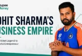 Professional infographic showcasing Rohit Sharma's business empire with entrepreneurship, brand partnerships, strategic investments, and financial growth represented through clean business graphics and modern stock market visuals.