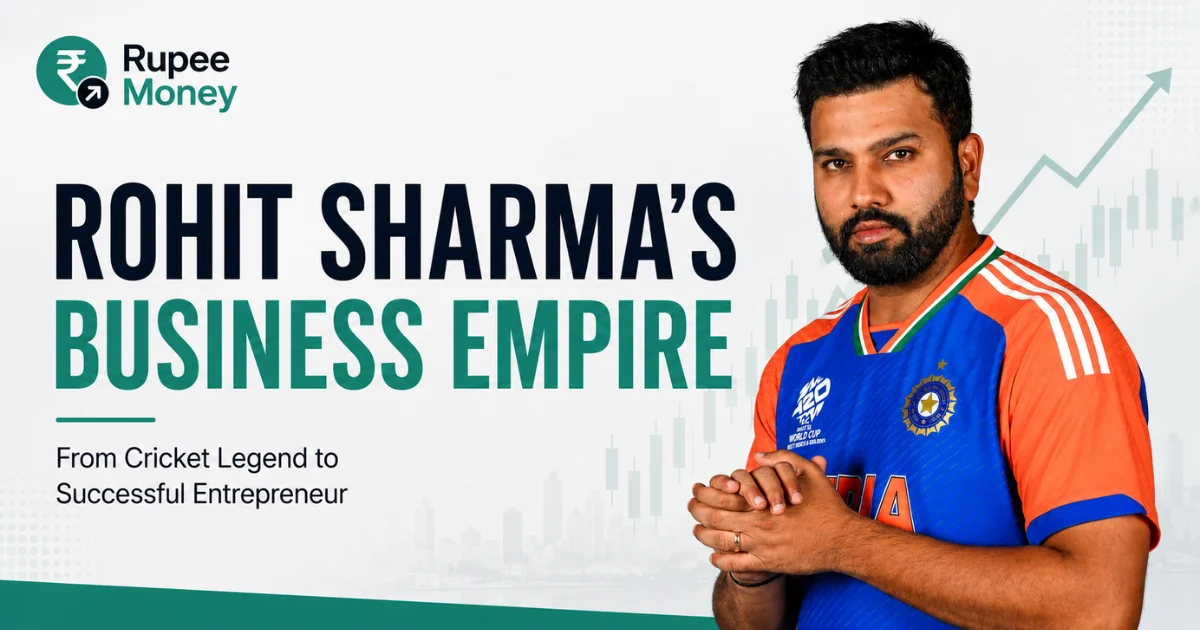 Professional infographic showcasing Rohit Sharma's business empire with entrepreneurship, brand partnerships, strategic investments, and financial growth represented through clean business graphics and modern stock market visuals.