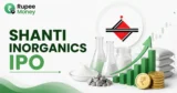 Shanti Inorganics IPO banner featuring the Shanti Inorganics Ltd. logo, inorganic chemical materials, laboratory vessels, industrial production elements, rising financial chart, rupee coins, and Rupee Money branding.