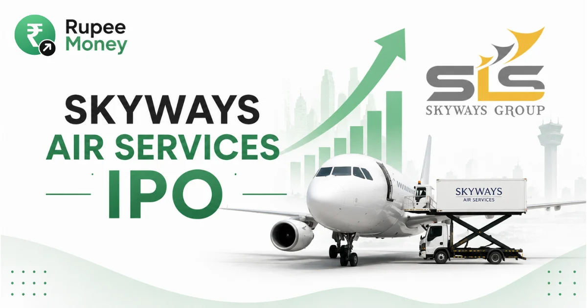 Skyways Air Services IPO banner featuring the Skyways Group logo, aircraft, airport ground handling vehicle, rising market chart, and Rupee Money branding.