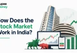 Illustration showing how the Indian stock market works with stock exchange buildings, trading charts, buy and sell screens, bull and bear market symbols, and investors participating in share trading.