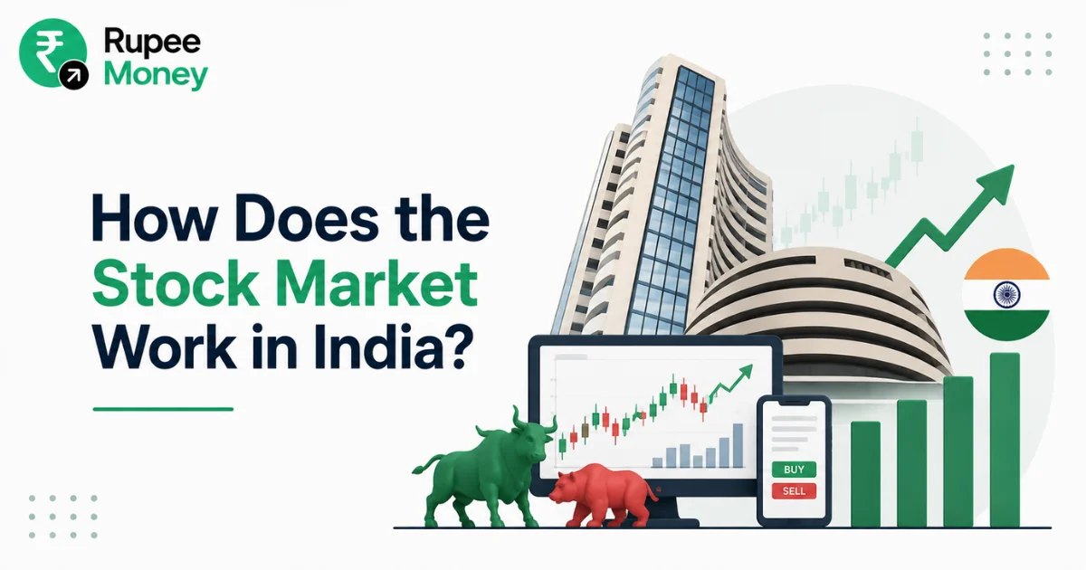 Illustration showing how the Indian stock market works with stock exchange buildings, trading charts, buy and sell screens, bull and bear market symbols, and investors participating in share trading.