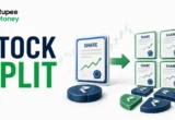 Stock Split banner featuring a 3D share certificate transforming into multiple shares with rupee symbols, growth chart, and financial graphics illustrating the concept of a stock split.