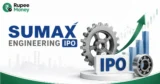 Sumax Engineering IPO banner featuring the Sumax Engineering logo, industrial gears, engineering components, IPO symbol, factory imagery, rising market chart, and Rupee Money branding.
