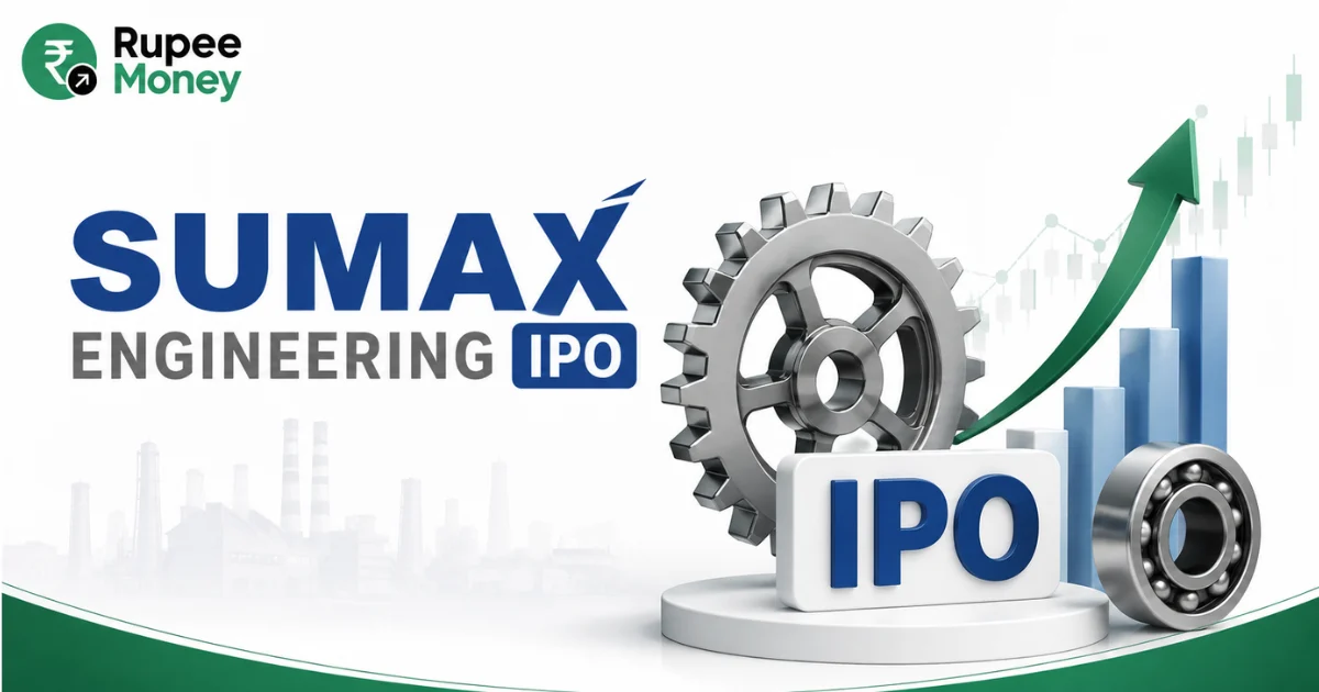 Sumax Engineering IPO banner featuring the Sumax Engineering logo, industrial gears, engineering components, IPO symbol, factory imagery, rising market chart, and Rupee Money branding.