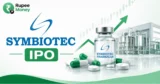 Symbiotec Pharmalab IPO banner featuring the Symbiotec Pharmalab logo, pharmaceutical vial, capsules, tablets, manufacturing facility, rising market chart, and Rupee Money branding.