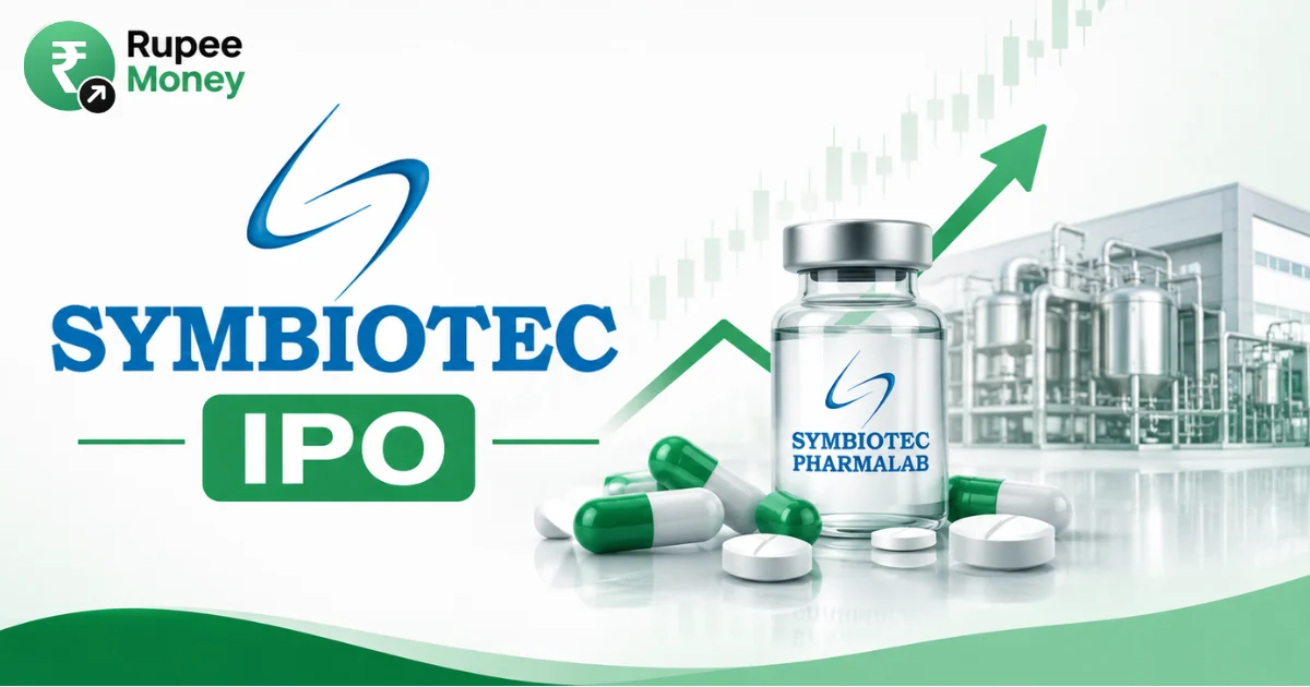 Symbiotec Pharmalab IPO banner featuring the Symbiotec Pharmalab logo, pharmaceutical vial, capsules, tablets, manufacturing facility, rising market chart, and Rupee Money branding.