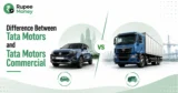 Difference between Tata Motors and Tata Motors Commercial infographic comparing passenger vehicles and commercial trucks with Tata Motors branding.