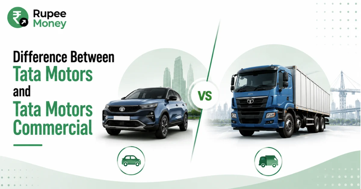 Difference between Tata Motors and Tata Motors Commercial infographic comparing passenger vehicles and commercial trucks with Tata Motors branding.