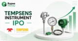 Tempsens Instrument IPO banner featuring the Tempsens Instruments logo, temperature measurement devices, industrial sensors, rising market chart, and Rupee Money branding.