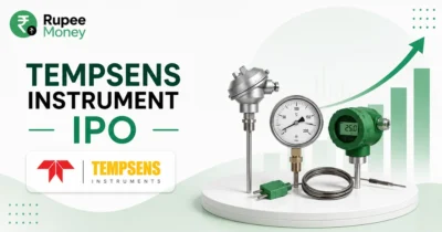 Tempsens Instrument IPO banner featuring the Tempsens Instruments logo, temperature measurement devices, industrial sensors, rising market chart, and Rupee Money branding.