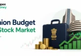 Illustration showing the relationship between the Union Budget and the Indian stock market with a budget briefcase, stock exchange building, rising market chart, rupee coins, and financial growth indicators.