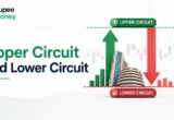 Illustration explaining upper circuit and lower circuit in the stock market with upward and downward price limit indicators, stock exchange building, market charts, and trading symbols representing daily price movement limits.