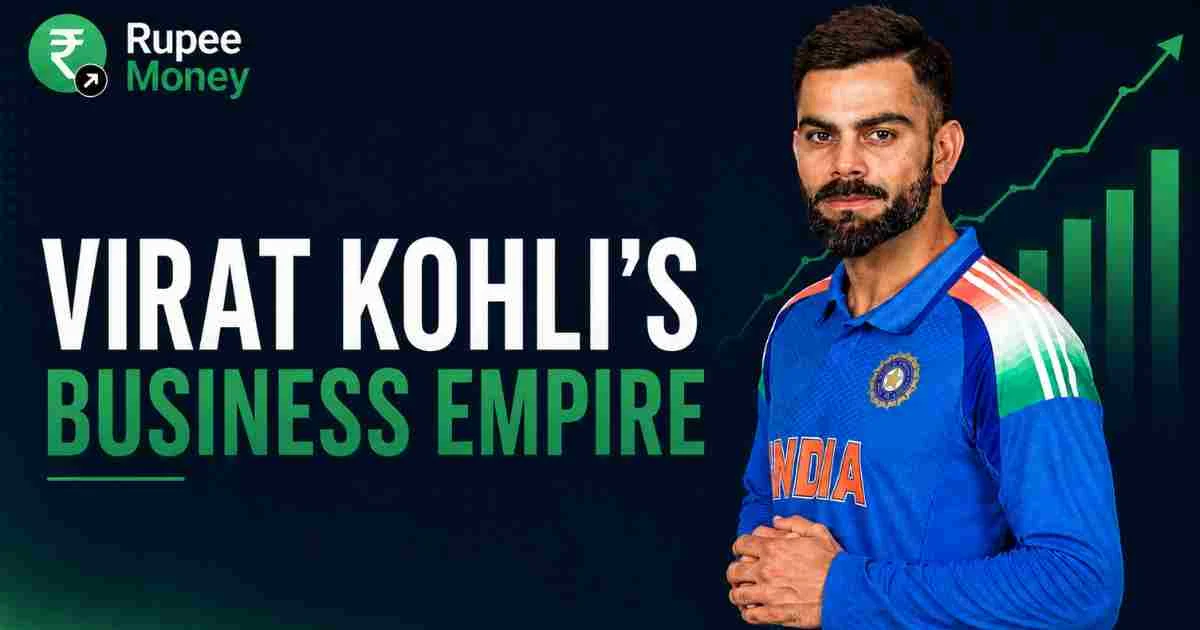 Professional infographic showcasing Virat Kohli's business empire with branding, investments, partnerships, and entrepreneurship represented through business icons, financial growth charts, and corporate visuals.