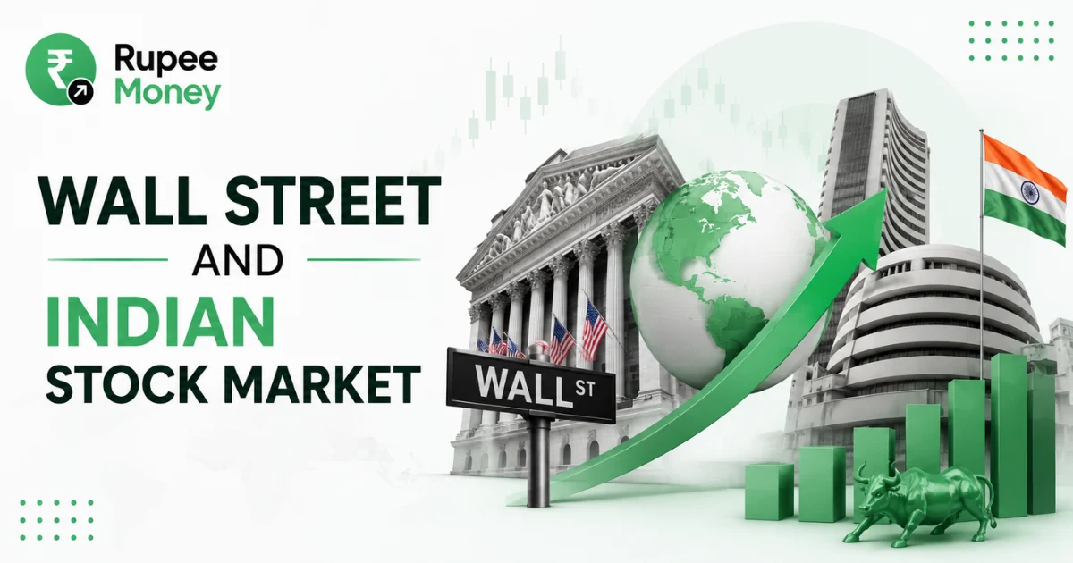 Wall Street and Indian Stock Market infographic featuring Wall Street, Indian stock market buildings, US and Indian flags, global finance imagery, rising market charts, and Rupee Money branding.
