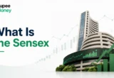 Illustration explaining the Sensex with a stock exchange building, rising market chart, investment graphs, and financial symbols representing the performance of India's leading listed companies.