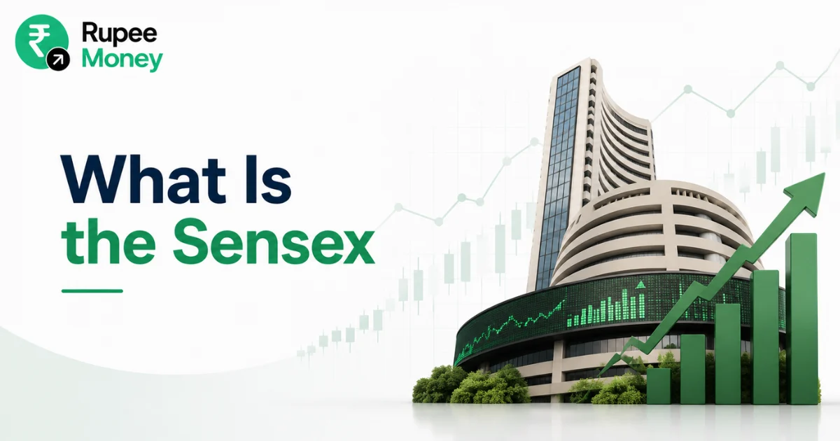 Illustration explaining the Sensex with a stock exchange building, rising market chart, investment graphs, and financial symbols representing the performance of India's leading listed companies.