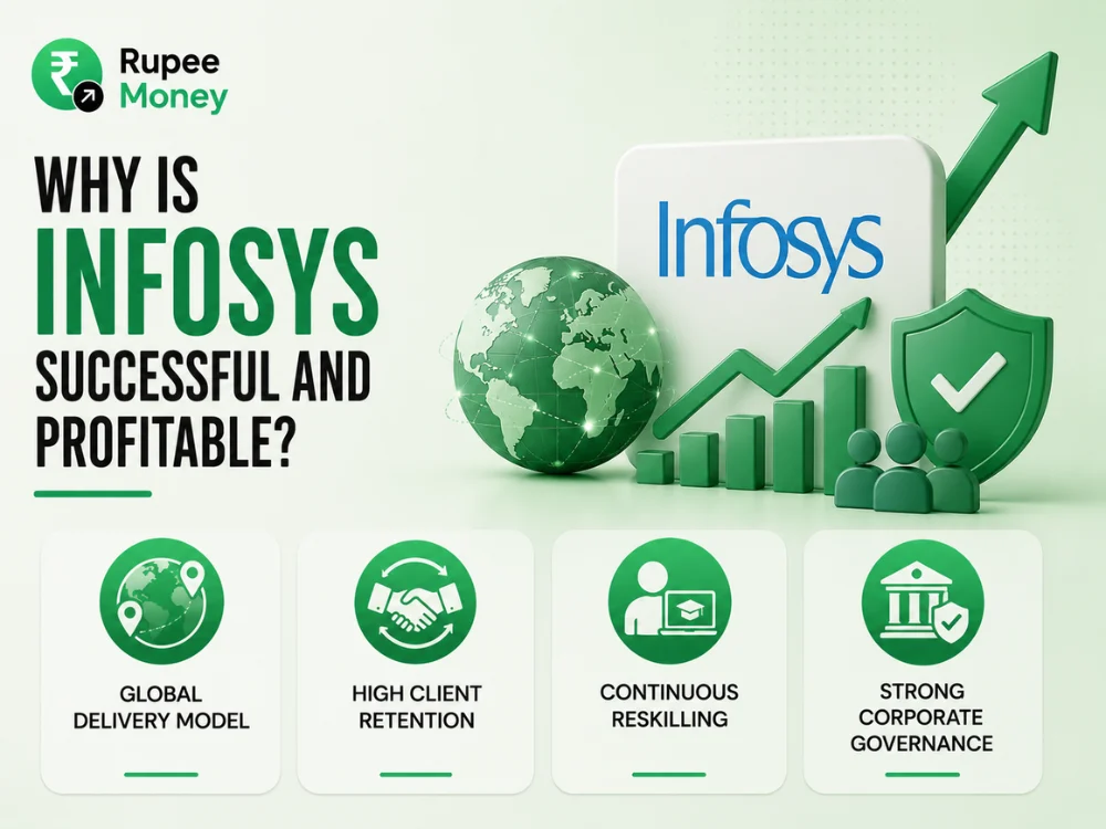 Professional infographic explaining why Infosys is successful and profitable, highlighting its global delivery model, high client retention, continuous employee reskilling, and strong corporate governance with modern IT and business visuals.
