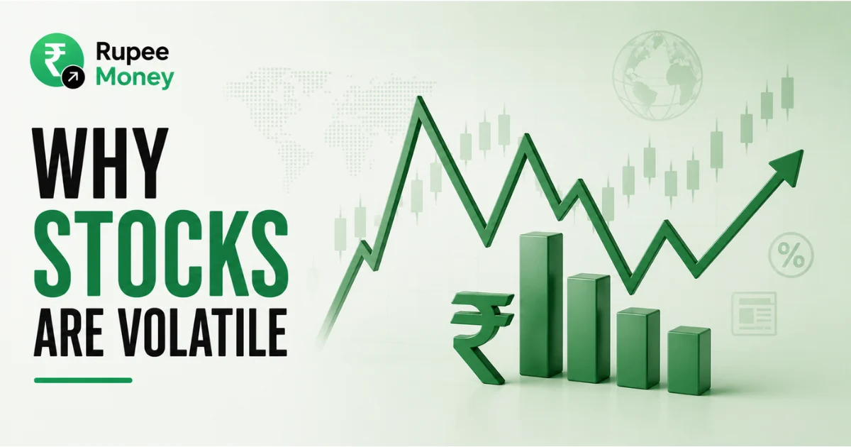 Professional infographic explaining why stocks are volatile, featuring stock market charts, price fluctuations, financial graphs, and investment visuals representing market volatility and changing share prices.
