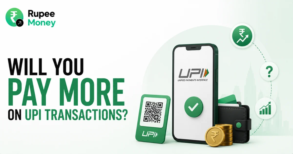 Will You Pay More on UPI Transactions banner featuring a UPI payment smartphone, QR code, digital wallet, rupee coins, and payment-related financial icons.