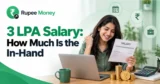 3 LPA salary in-hand banner featuring RupeeMoney branding, a salary slip, laptop, calculator, Indian rupee symbols, and savings elements.