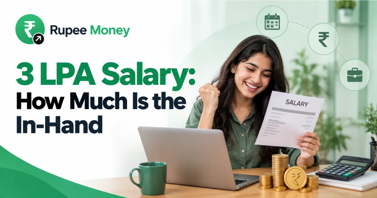 3 LPA salary in-hand banner featuring RupeeMoney branding, a salary slip, laptop, calculator, Indian rupee symbols, and savings elements.