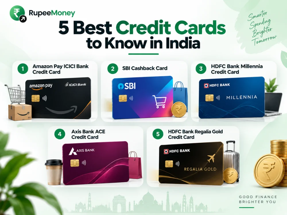 A comparison-style 5 Best Credit Cards to Know in India infographic featuring five popular credit cards: Amazon Pay ICICI Bank Credit Card, SBI Cashback Card, HDFC Bank Millennia Credit Card, Axis Bank ACE Credit Card and HDFC Bank Regalia Gold Credit Card. The cards offer different combinations of cashback, rewards, shopping, travel and lifestyle benefits, with eligibility, fees, rewards and terms varying by issuer. For example, ICICI Bank lists no joining or annual fee for the Amazon Pay ICICI card, while HDFC Bank's Millennia card provides cashback on selected online merchants.